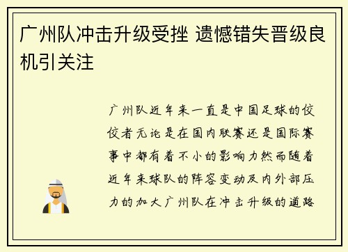 广州队冲击升级受挫 遗憾错失晋级良机引关注